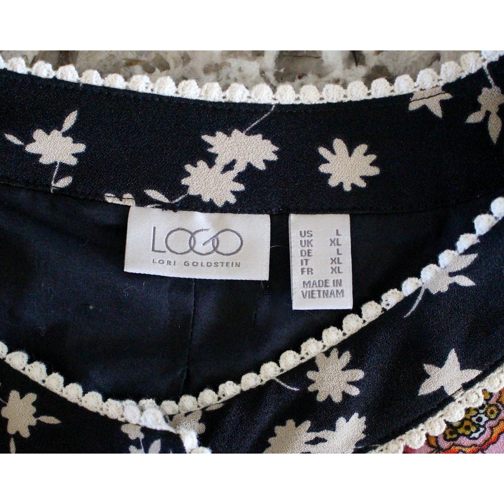 LOGO Lori Goldstein Jacket Large Black Floral Snap Buttons Long Sleeve Pockets - Picture 6 of 9